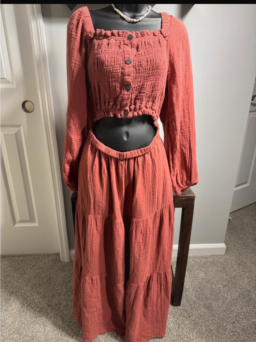 Beach Lunch Lounge L Gauze Midi Dress Luana Smocked Pink Puff Sleeve - Picture 2 of 8